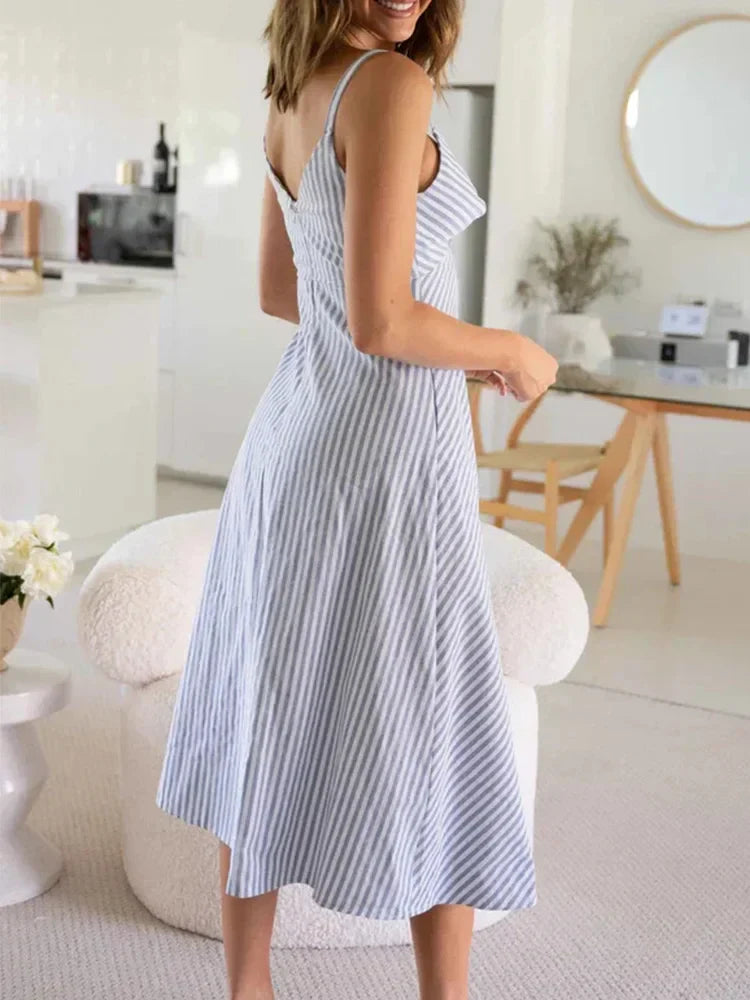 Back Zip Blue Striped Spaghetti Strap Midi Dress