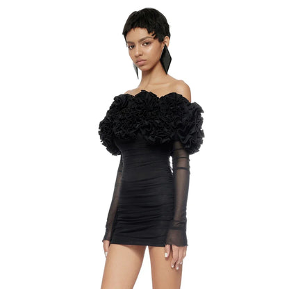 Black Mesh Full Sleeve Ruffles Mini Dress