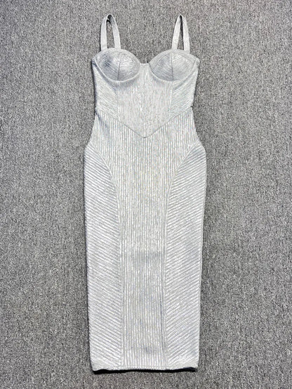 Spaghetti Strap Sleeveless Silver Midi Dress