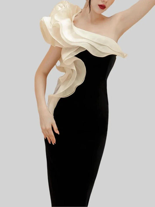 Diagonal Neck Patchwork Ruffles Folds Dress