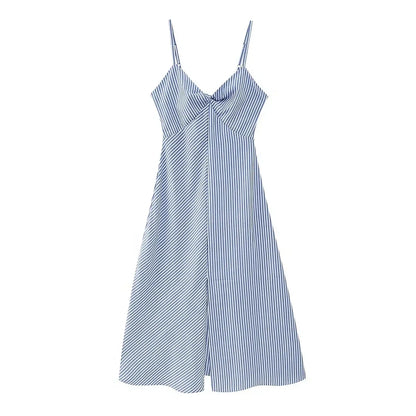 Back Zip Blue Striped Spaghetti Strap Midi Dress