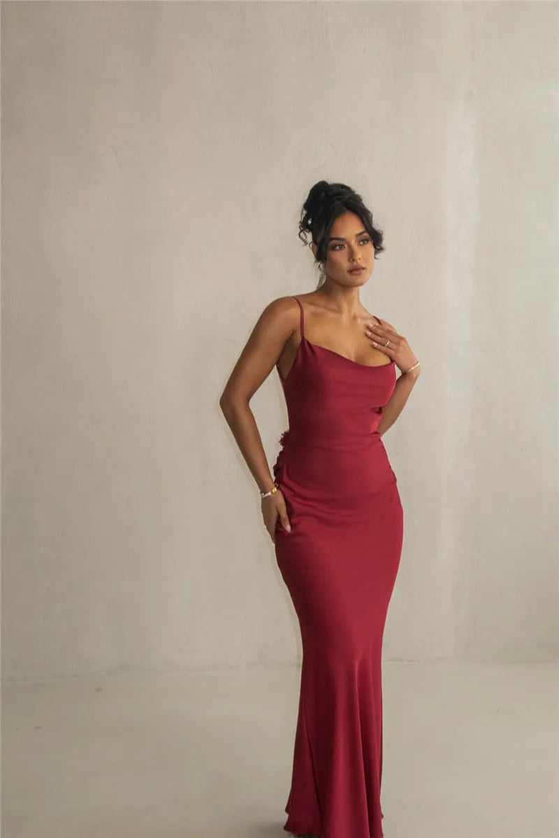 3D Flower Draped Open Back Maxi Dress