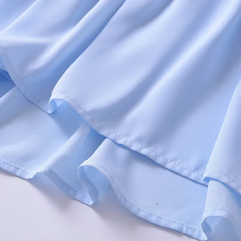 Light Blue Spliced Ruffles Hem Midi Dress