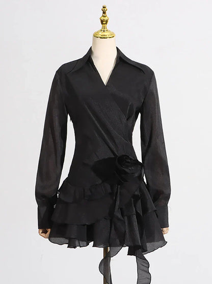 Appliques Ruffles Draped Long Sleeve Dress