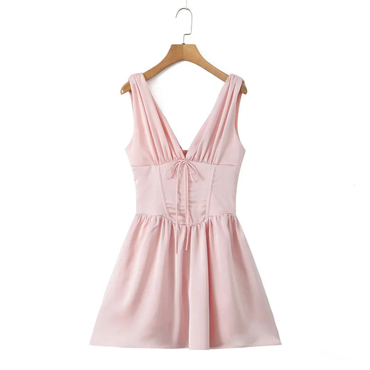 Stain Pleated Ruched Strap Bow Folds Hem Mini Dress