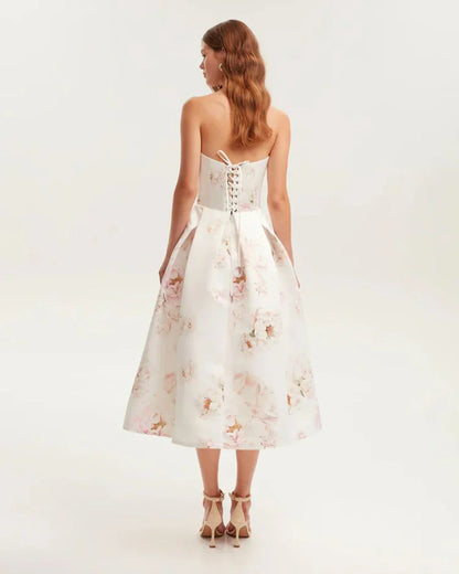 Floral printed strapless back tied rope dress