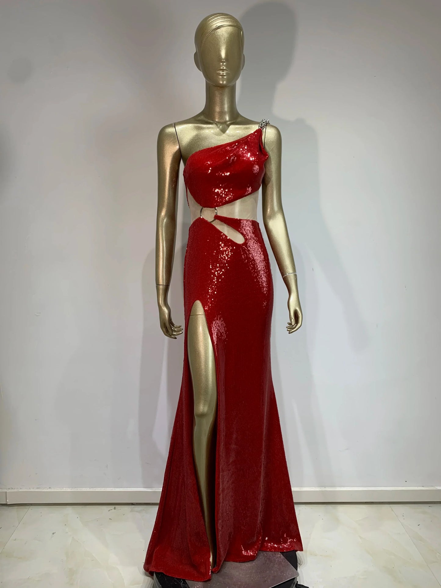 One Shoulder Mesh Sequins Red Maxi Dress