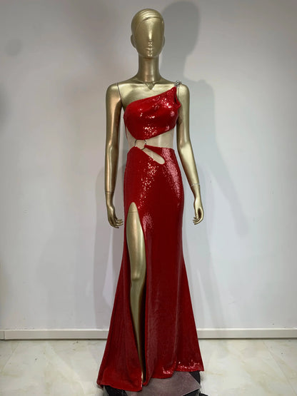 One Shoulder Mesh Sequins Red Maxi Dress