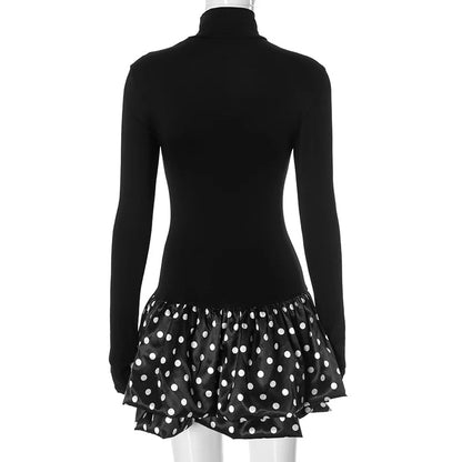 Turtleneck Patchwork Print Polka Dot Mini Dress