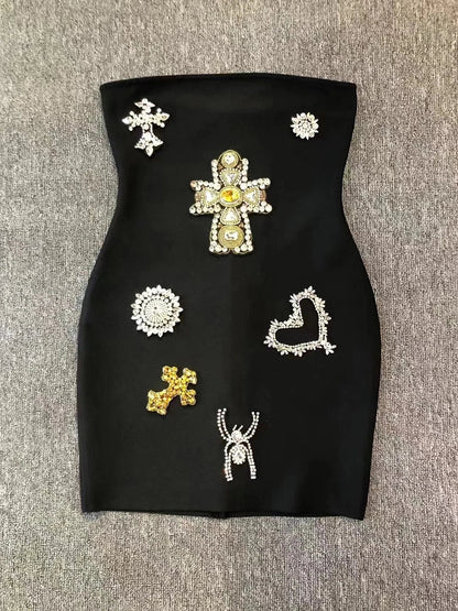 Diamonds Beaded Strapless Rayon Black Mini Dress