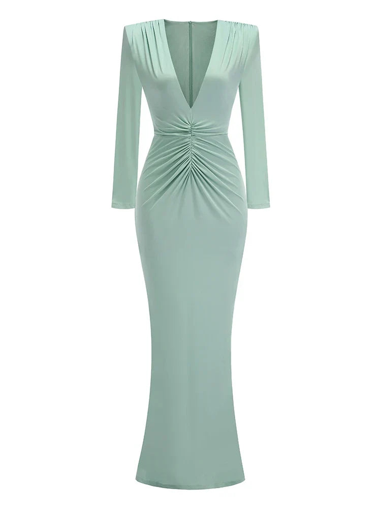 Folds Design Long Sleeve Pleated Maxi Dress