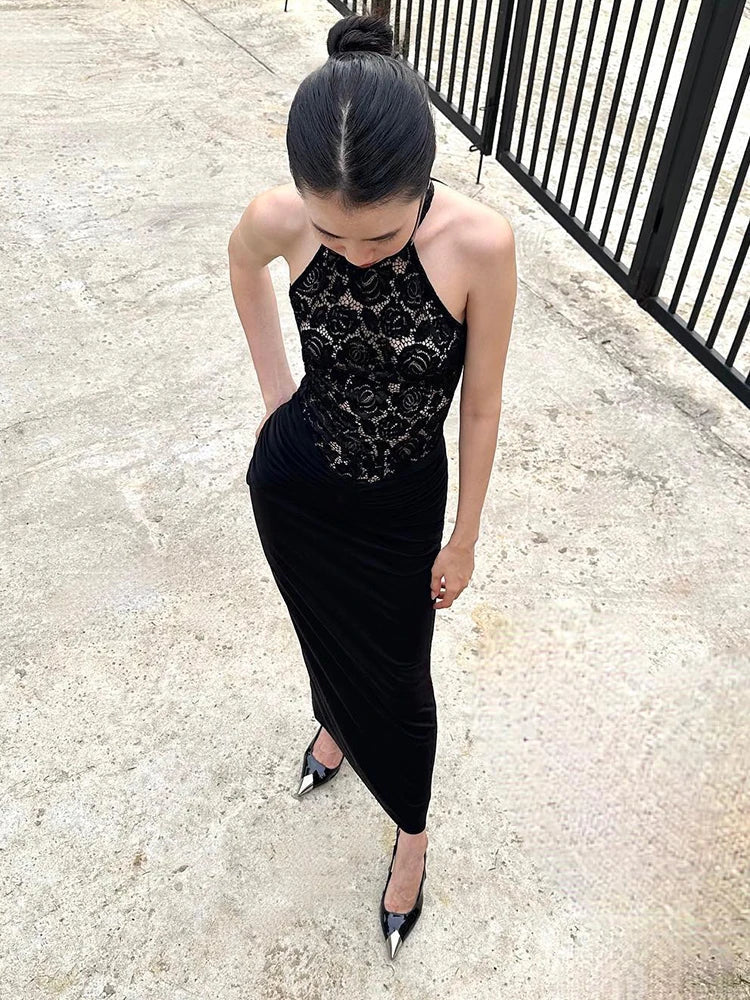 Halter Neck Lace Patchwork Black Maxi Dress