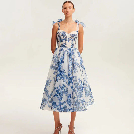 Floral back lace-up suspender dress