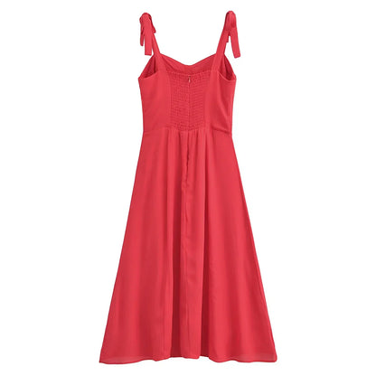 Solid Red Tie Bow Strap Midi Dress