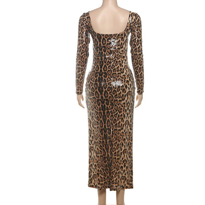 Women's Leopard Print Sequins Split Bodycon Dress