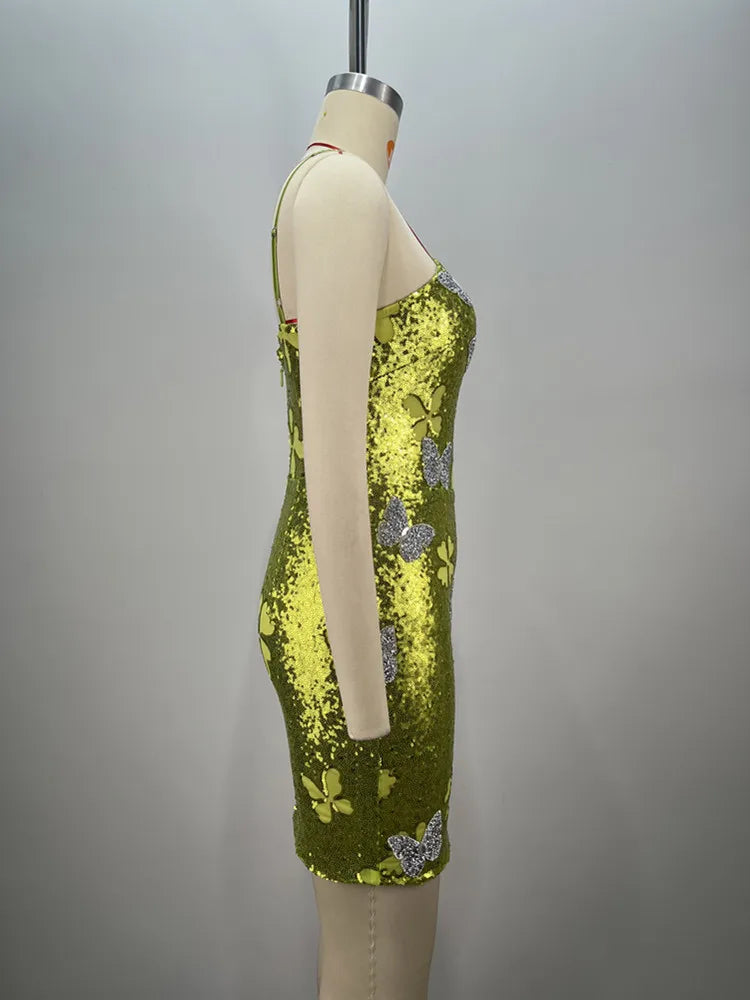 Sleeveless Mesh Sequins Butterfly Mini Dress
