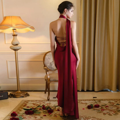 Satin Backless Halter Ribbon Black Maxi Dress