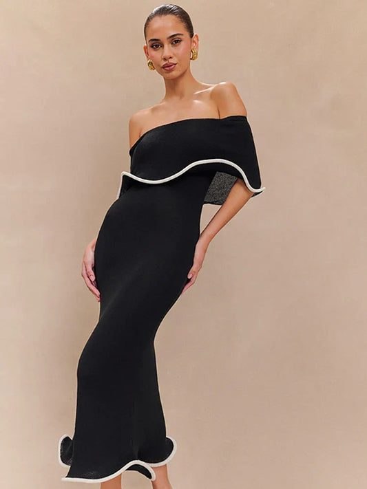 Strapless Ruffles Black Midi Dress