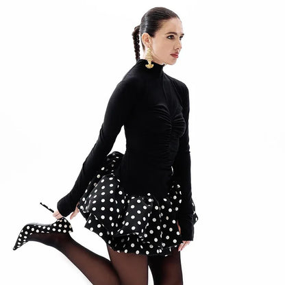 Turtleneck Patchwork Print Polka Dot Mini Dress
