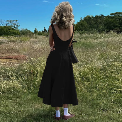 Straight Neck Sleeveless Flare Midi Dress