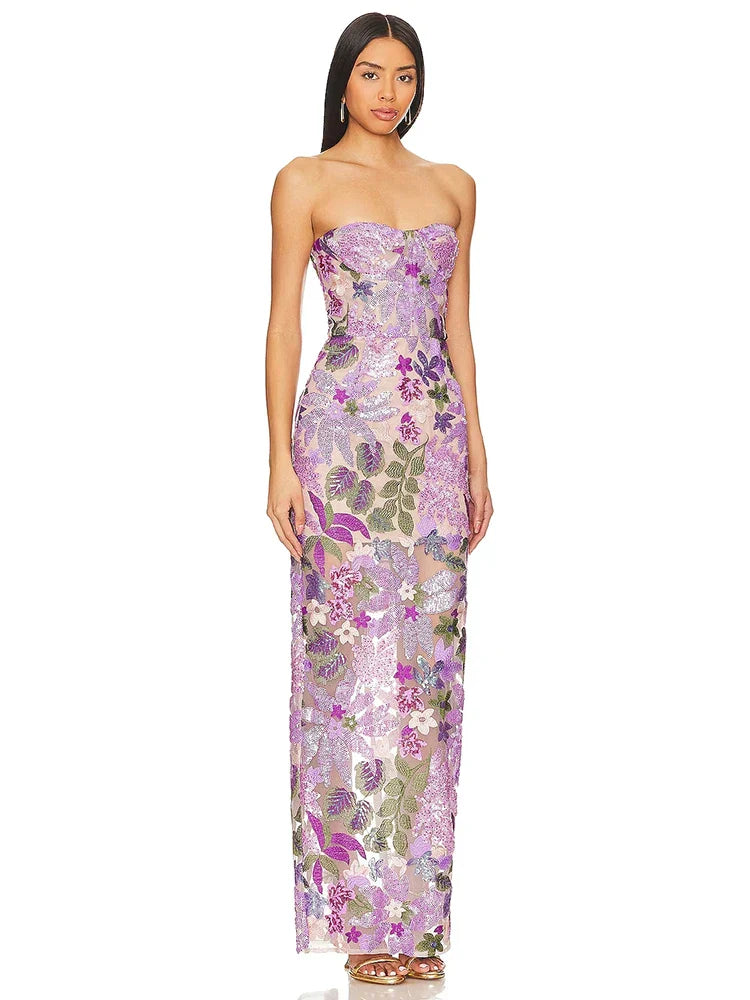 Floral-Embellished Sequin Lavender Ankle Length Dress