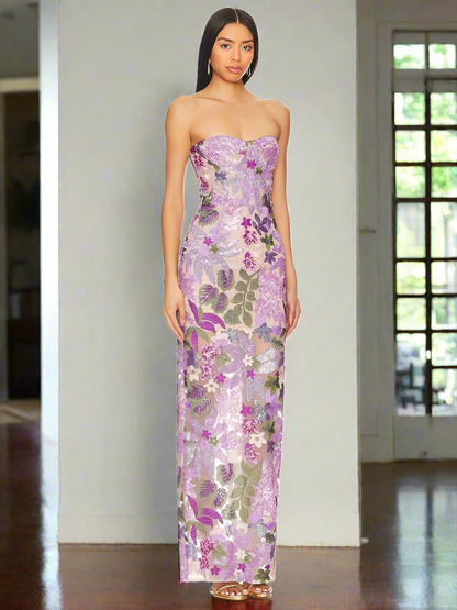 Floral-Embellished Sequin Lavender Ankle Length Dress