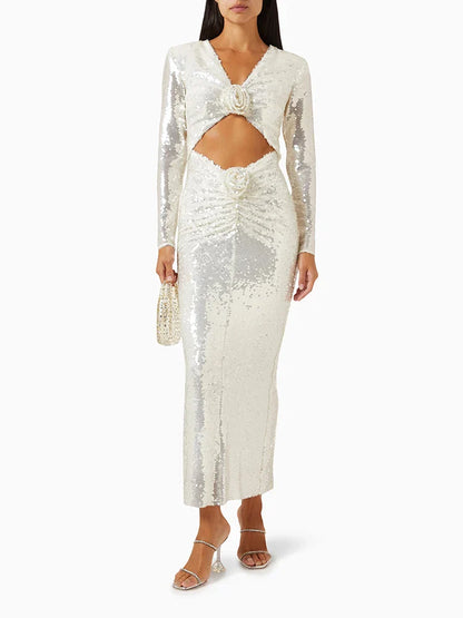 Sequins White Hollow Flower Design Long Dress
