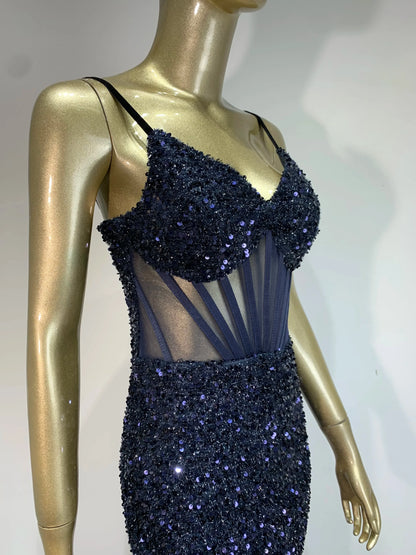 Mesh Sequins Blue Feather Long Dress