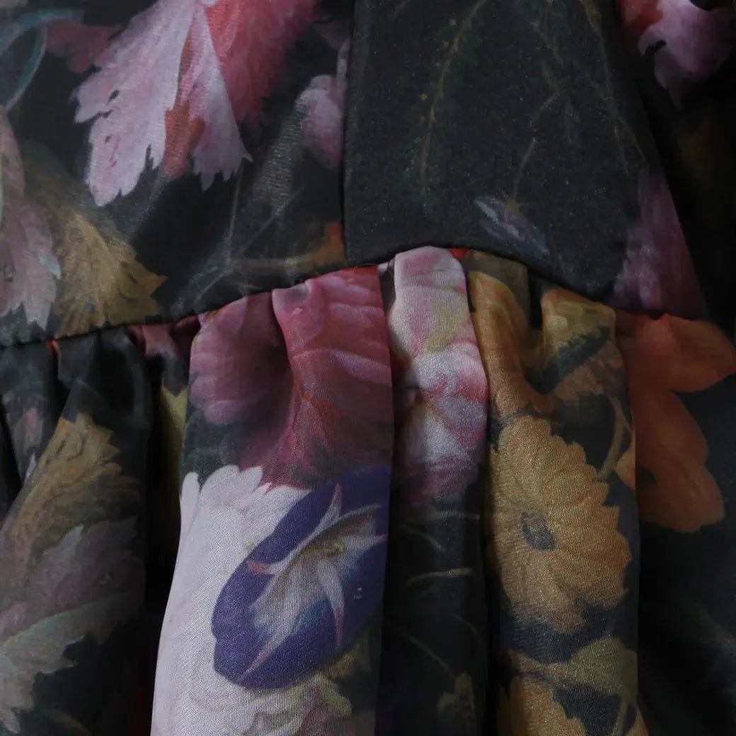 Black Floral Print Square Collar Puff Sleeve Mini Dress