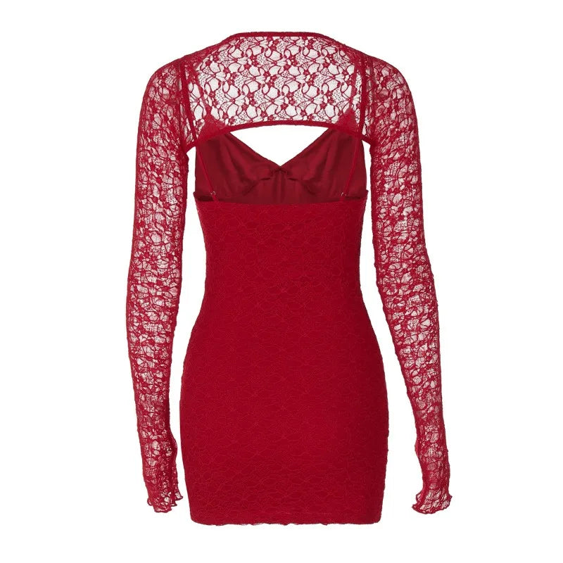 Lace Long Sleeve Backless Mini Dress