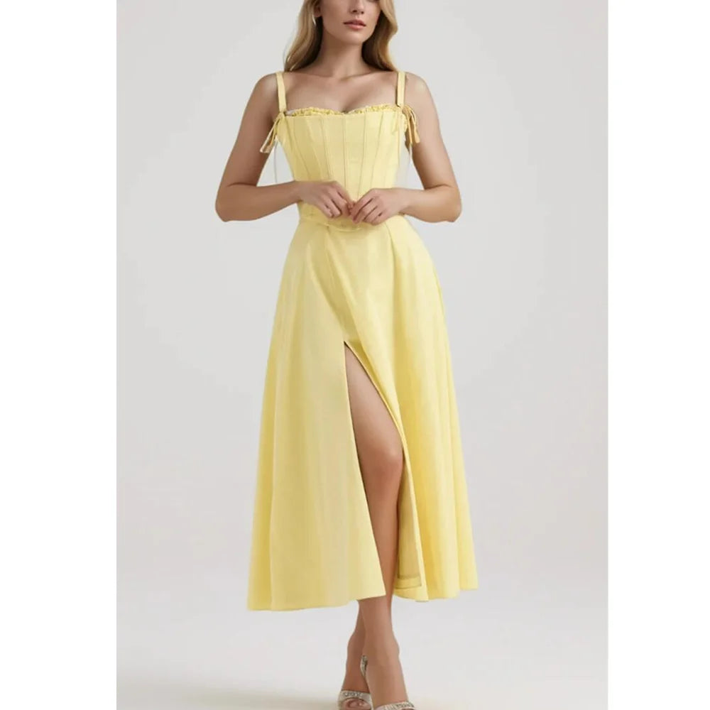 Yellow Slit Midi Dress and Cross Lacing up Top Set