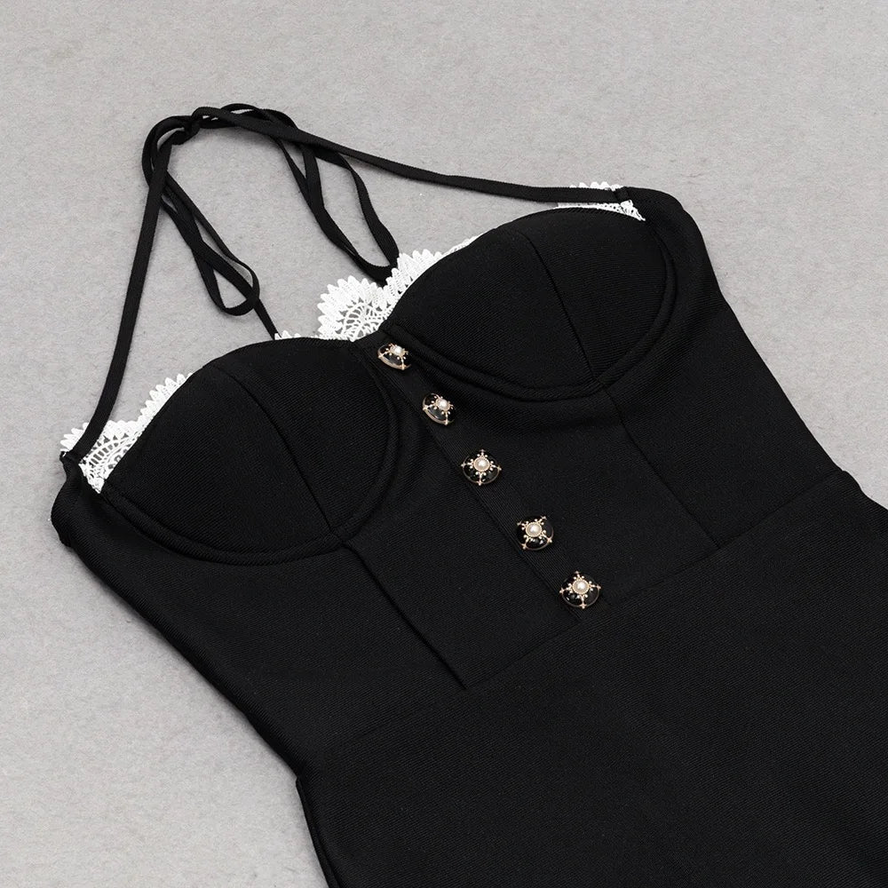 Black Lace Trumpet Spaghetti Strap Midi Dress