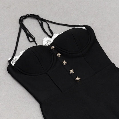 Black Lace Trumpet Spaghetti Strap Midi Dress