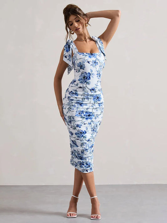 Floral Print Square Collar Midi Dress