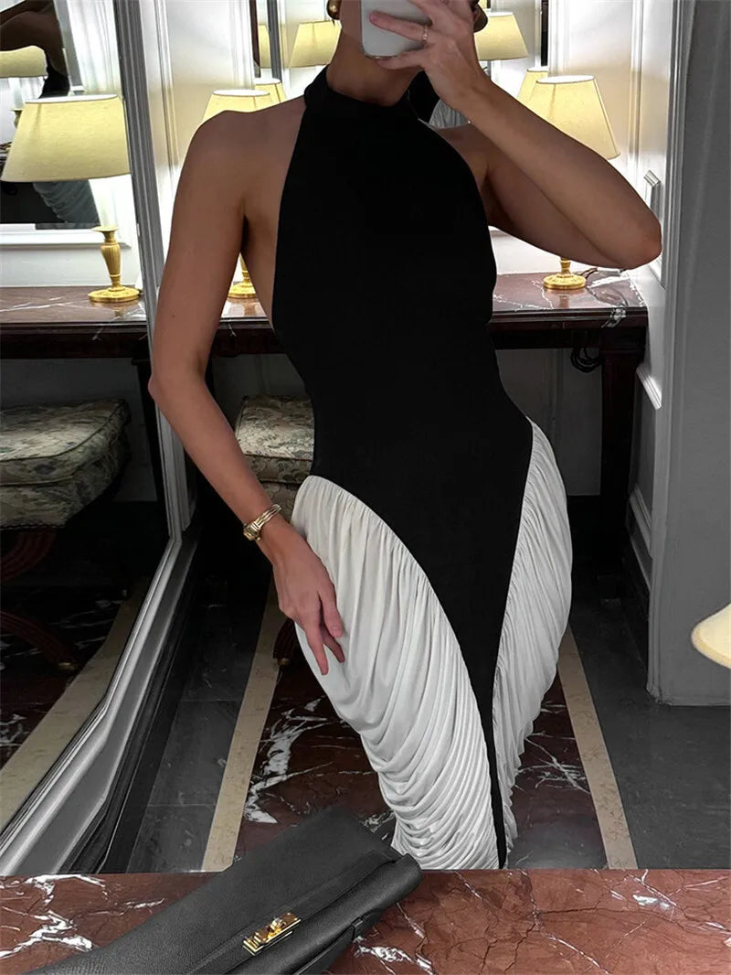 Patchwork Halter Backless Contrast Pleated Midi Dress