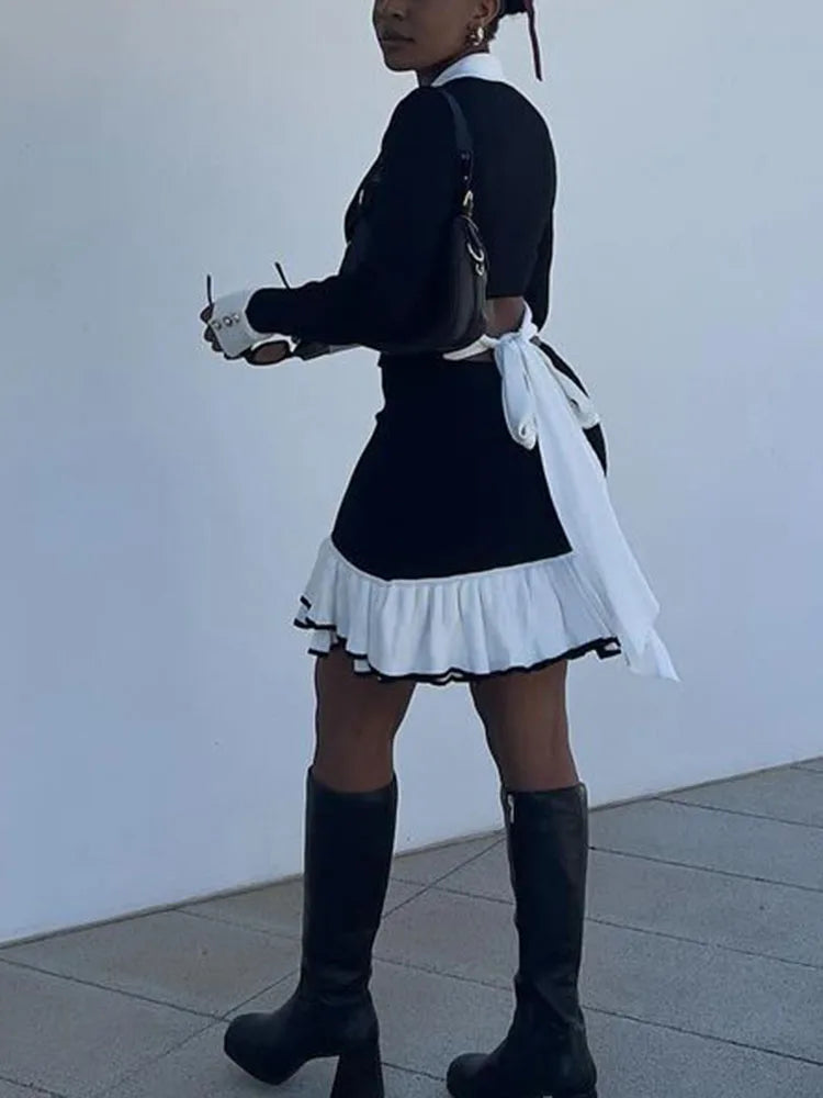 Ruffled Contrast Bow Open Back Lace-Up Knit Mini Dress