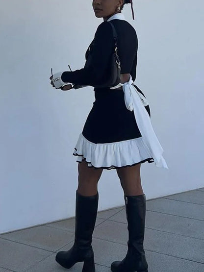 Ruffled Contrast Bow Open Back Lace-Up Knit Mini Dress