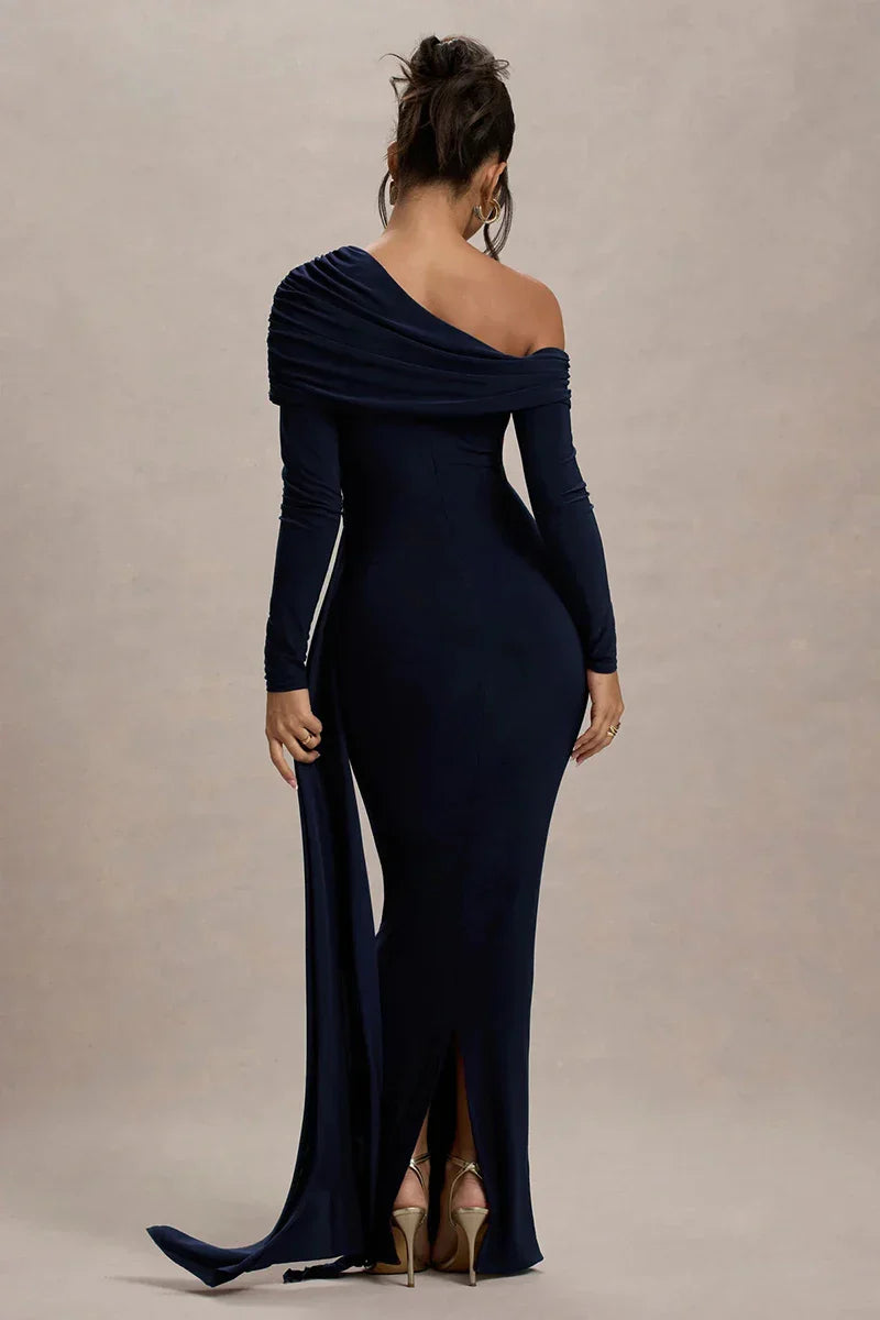 Skew Collar Long Sleeve Maxi Dress