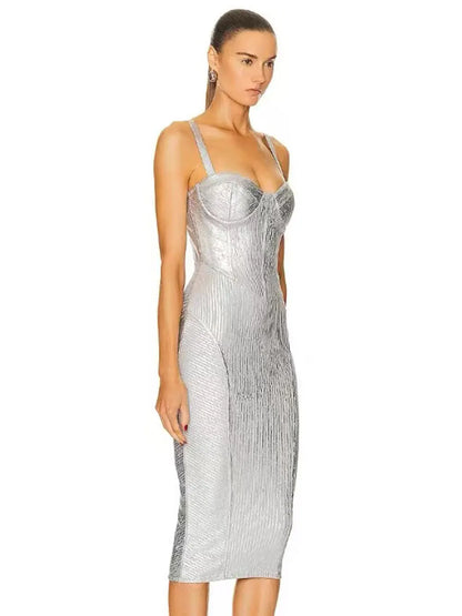 Spaghetti Strap Sleeveless Silver Midi Dress