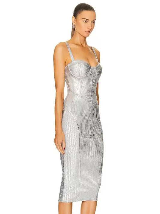 Spaghetti Strap Sleeveless Silver Midi Dress