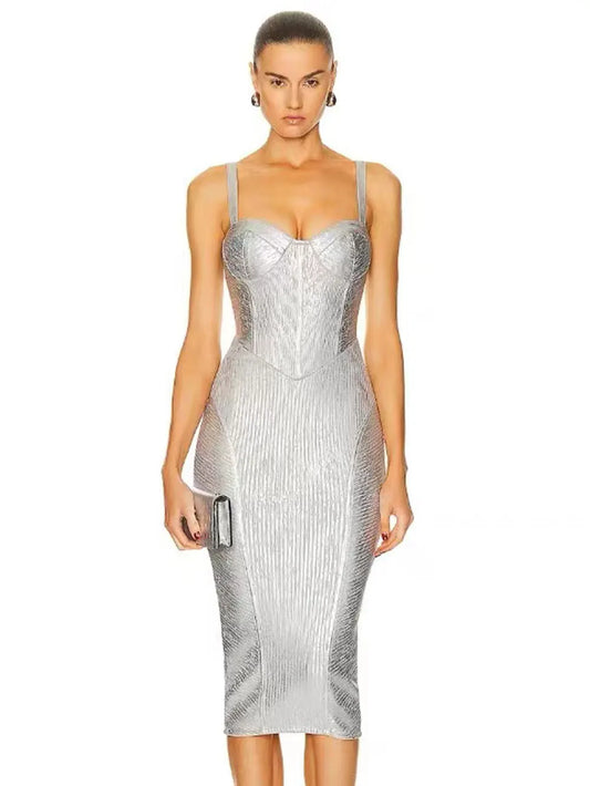 Spaghetti Strap Sleeveless Silver Midi Dress