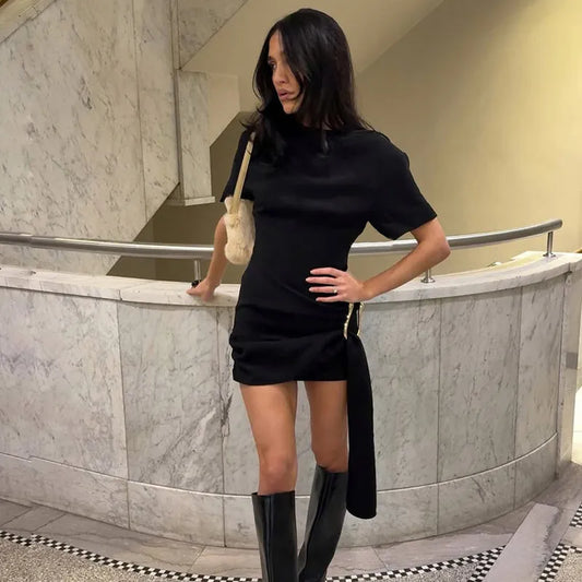 Short Sleeve Draped Black Metal Buckle Mini Dress