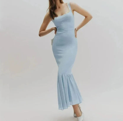 Light Blue Spliced Ruffles Hem Midi Dress