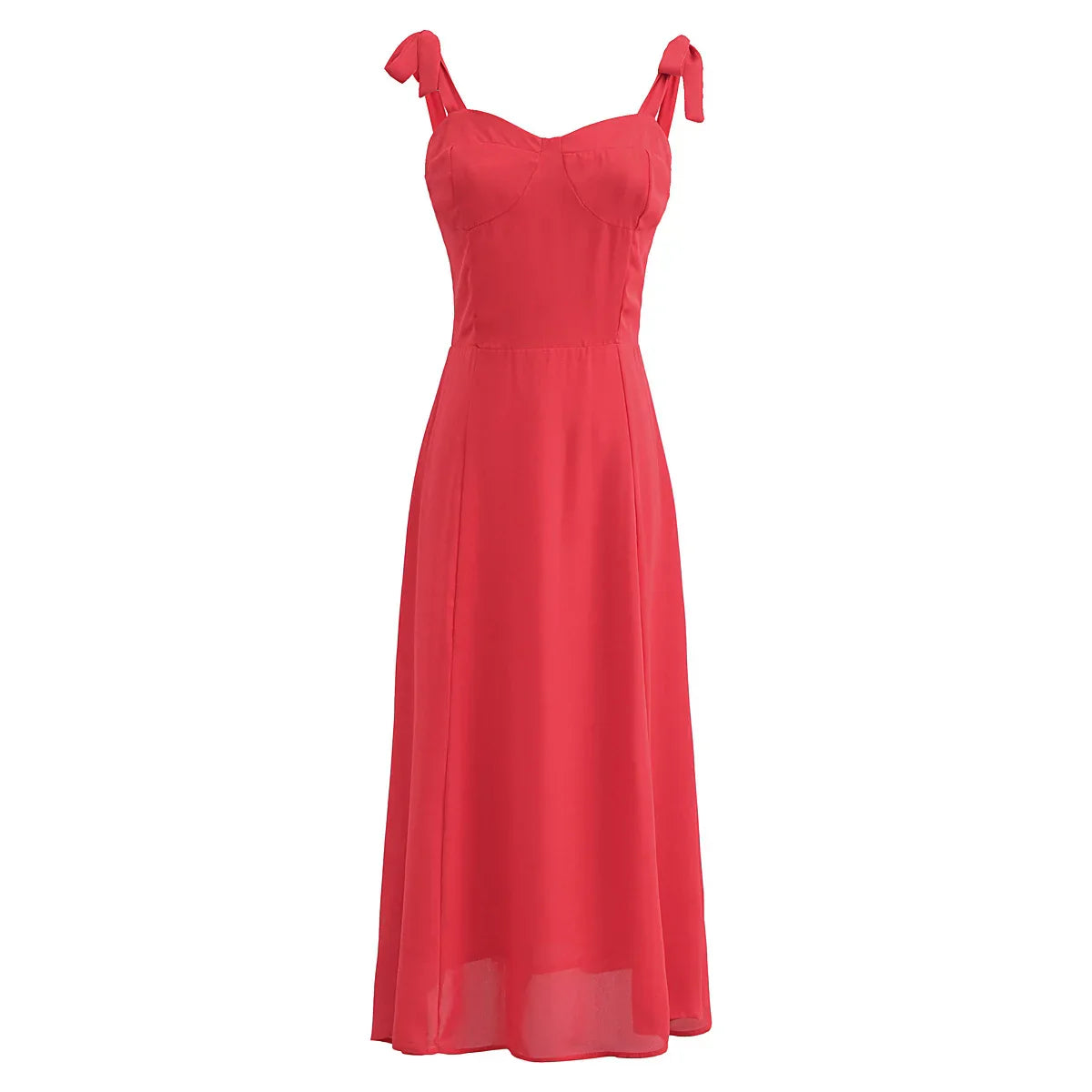 Solid Red Tie Bow Strap Midi Dress