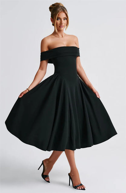 Off-Shoulder Flare Midi Dress