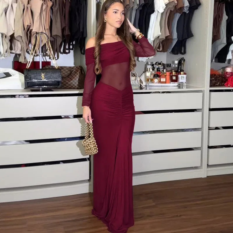 Elegant Backless High Waist  Mesh Patchwork Maxi Dress