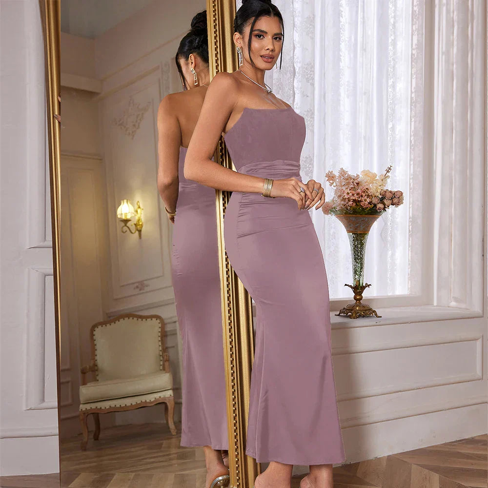 Strapless Velvet Solid Midi Dress