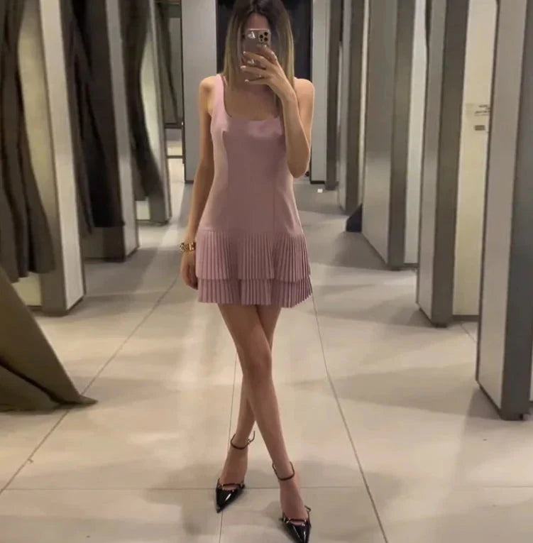 Square Collar Sleeveless Pleated Short Dress