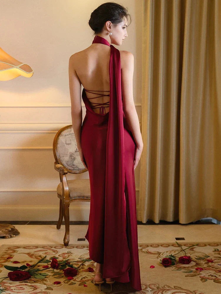 Satin Backless Halter Ribbon Black Maxi Dress