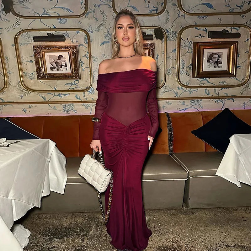 Elegant Backless High Waist  Mesh Patchwork Maxi Dress